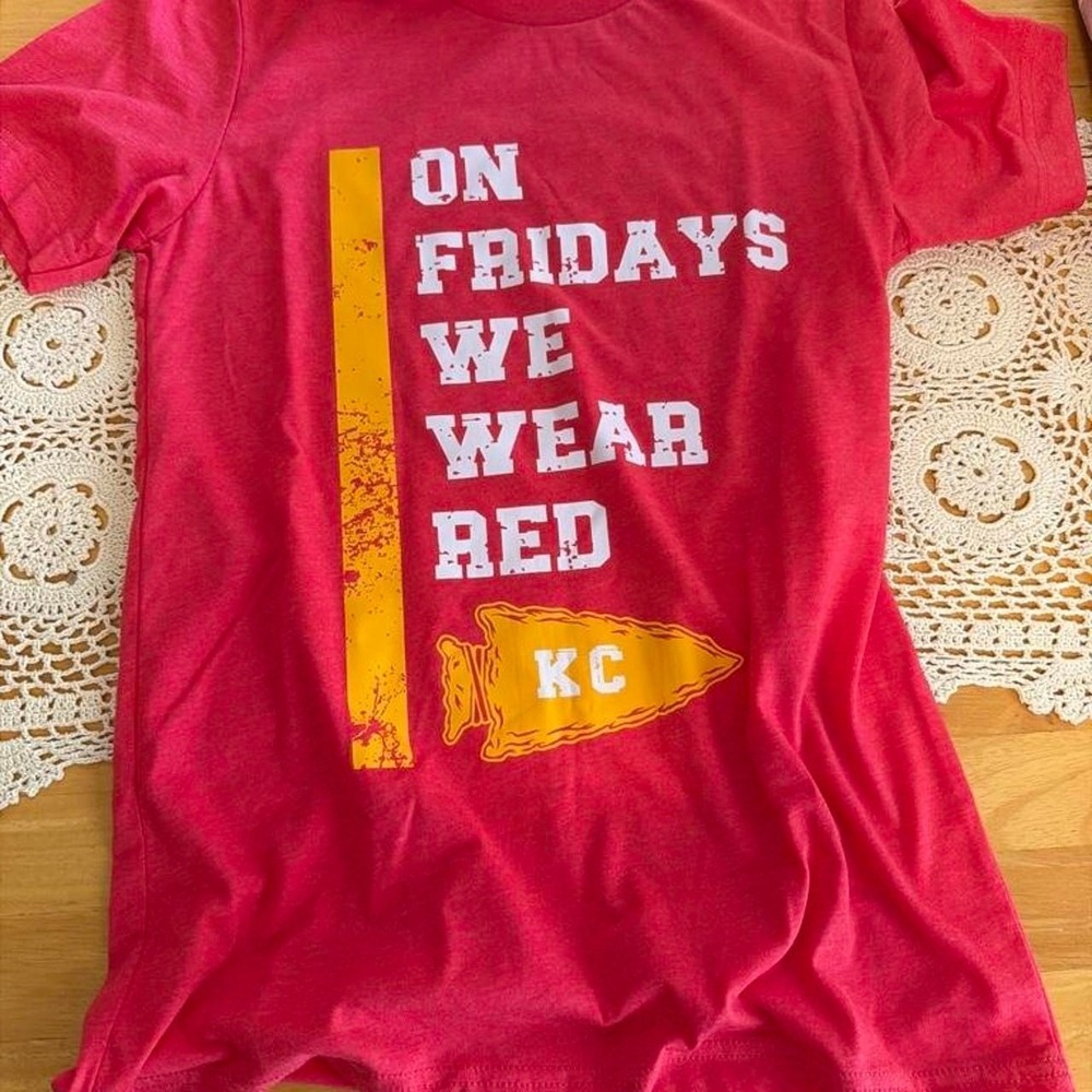 Bella Canvas KC On Fridays We Wear Red Graphic Tee Shirt Small Red Kansas City